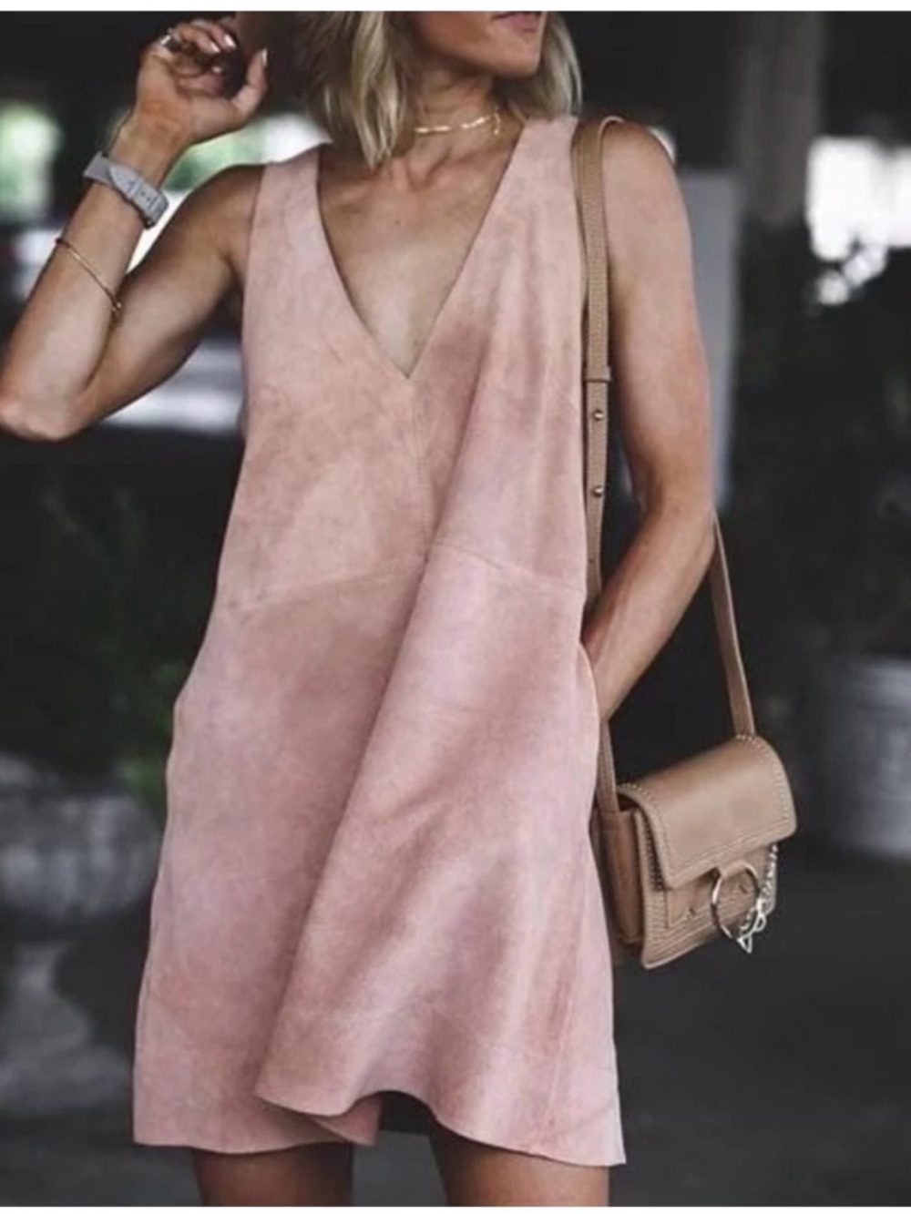 Free People Blush Pink V-Neck Mini Shift Dress 100% cow hide suede